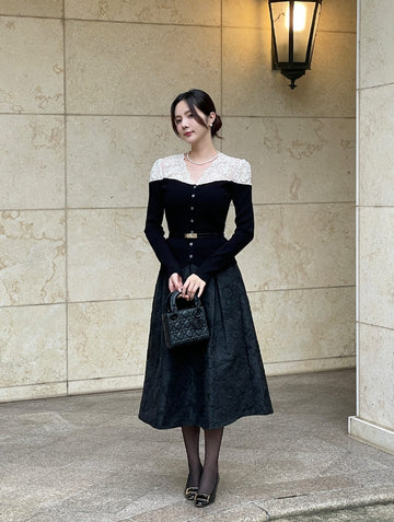 Dier Flower Jacquard Banding Flare Skirt